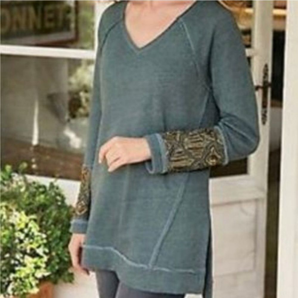 Soft Surroundings Brocante oversized grey beaded sleeve sweatshirt